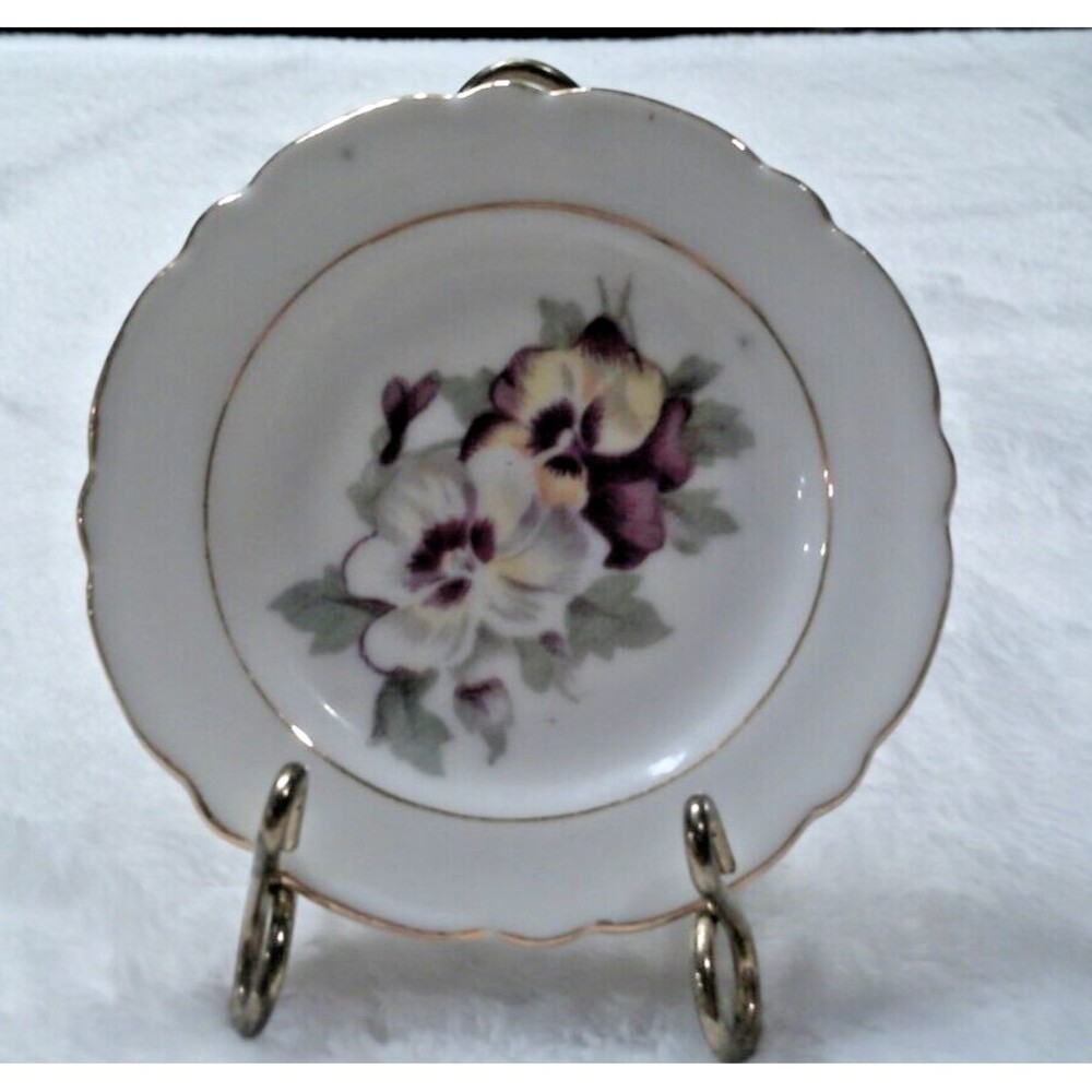 Mini Decorative Plate with Pansy Flowers Gold Trimmed 4" with Display